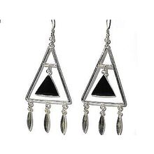 Sterling Silver Black Onyx Inlaid Suspened Triangle Earrings