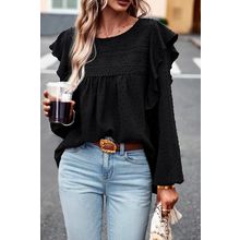 Black Lace Eyelet Ruffle Shoulder Long Sleeve Blouse