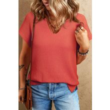 Flamingo Solid Textured Knitted Notch V Neck Sweater T Shirt