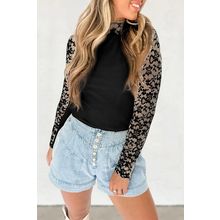 Black Floral Lace Patchwork Long Sleeve High Neck Slim Top