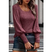 Mineral Red Ribbed Bishop Sleeve Round Neck Top