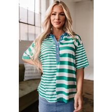 Green Stripe Colorblock Collar Half Buttons T Shirt