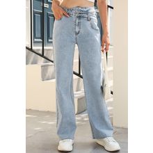 Sky Blue Mid Rise Asymmetrical Waist Wide Leg Jeans