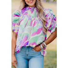 Green Abstract Print Bubble Sleeve Smock Detail Blouse