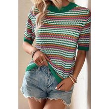 Dark Green Striped Pattern Contrast Trim Pointelle Knit T Shirt