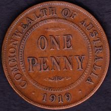 1919 Dot Below Australia 1 Penny coin