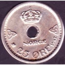 1947 Norway 25 Ore Coin