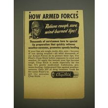 1944 Fleet's Chap Stick Ad - How armed forces relieve rough, sore lips