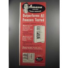 1952 Amana Upright Food Freezer Ad - Outperforms