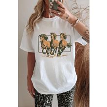 White Texas Horse Graphic Cuffed Sleeve Graphic T Shirt