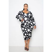 Polka Dot Drop Waist Ruched Midi Dress