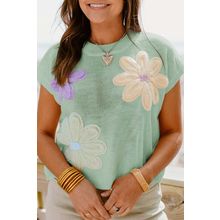 Moonlight Jade Multi Crochet Flower Knit Short Sleeve Sweater Top