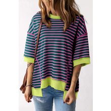 Green Stripe Oversized Contrast Trim Exposed Seam High Low T Shirt