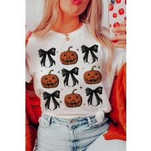 White Halloween Pumpkin Face Bowknot Graphic T Shirt
