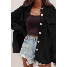 Black Solid Color Corduroy Buttoned Long Sleeve Shacket