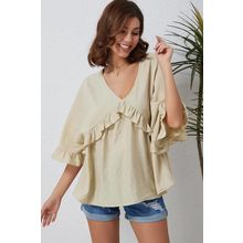Apricot V Neck Draped Batwing Sleeve Ruffle Top