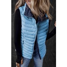 Sky Blue Plush Collared Quilted Zipped Puffer Vest