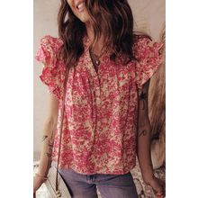 Rose Allover Printed Half Button Neck Ruffle Sleeve Blouse