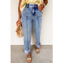 Myosotis Center Seam Cuffed Hem Straight High Waist Jeans
