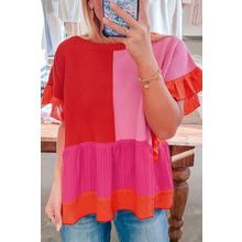Tomato Red Mix Knitted Patchwork Ruffle Trim Loose Sweater
