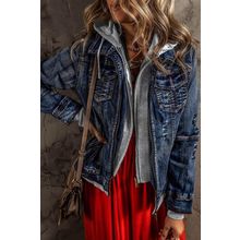 Dark Blue Fake Two-Piece Hooded Zip-Up Denim Jacket