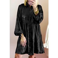 Black Metallic Sheen Puff Sleeve Button Up Mini Shirt Dress