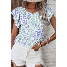 Sky Blue Leopard Layered Ruffle Short Sleeve Casual Blouse