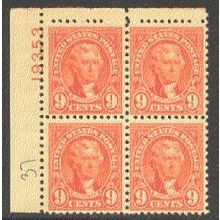 641 9c Thomas Jefferson Fine MNH Plt/4 UL 19353 Y0001
