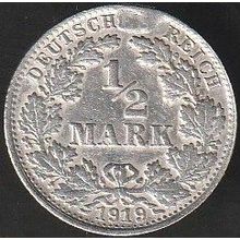 1919 D Germany 1 Half Mark Silver Coin