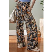 Multicolour Floral Shirred High Waist Wide Leg Pants with Tie