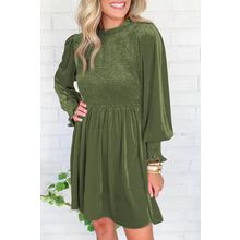 Moss Green Frilled Neck Smocked Bodice Velvet Dress
