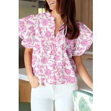 Pink Baroque Floral Ruffle Sleeve V Neck Blouse Top
