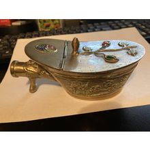 Vintage Chinese Brass Silk Iron with Lid - Floral Detail and Enamel "Jewels"