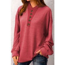 Red Plain Buttoned Henley Sweatshirt
