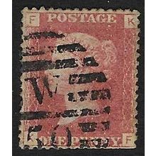 GB 1858 QUEEN VICTORIA 1d RED PLATE 127 USED SG43 / 44 " KF " short perf bottom