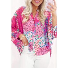 Rose Red Floral Allover Print Buttoned V Neck Oversized Shirt