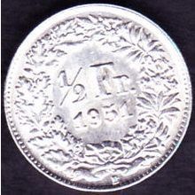 1951 B Switzerland 1 Half Franc Silver Coin
