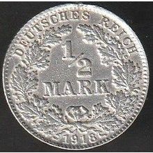 1918 D Germany 1 Half Mark Silver Coin