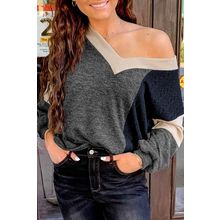 Black Brushed Contrast Knit V Neck Colorblock Long Sleeve Top
