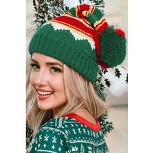 Blackish Green Christmas Color Block Pom Pom Knitted Hat