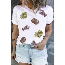 White Plus Size Sequin Crawfish Summer Fine Food Graphic Tee
