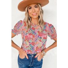 Multicolor Mix Floral Pattern Bubble Sleeve Blouse