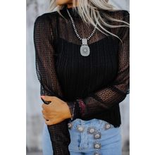 Black Dotty Lace Sheer Mock Neck Long Sleeve Blouse