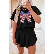 Black Sequined Flag Bow Pattern Short 2pcs Skort Set
