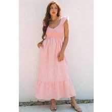 Pink V Neck Flutter Sleeve Smocked Bodice High Waist Ruffle Maxi Dress