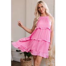 Pink Smocked Neck Knot Back Frilly Tiered Sleeveless Mini Dress