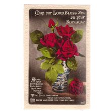 BLESS YOU ON YOUR BIRTHDAY.used vintage postcard roses 1935 postmark