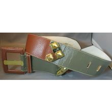 1980's YVES SAINT LAURENT Brass Leather Belt TAN/GREY-GREEN Med 29"31" 4974