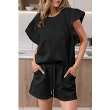 Black Textured Ruffled Sleeve Tee and Drawstring Shorts Set