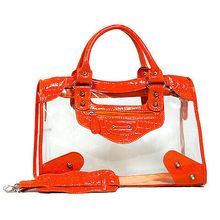 Clear PVC Tote Bag w/ Croc Embossed Patent Leather-like Trim - Orange - BG-CL...